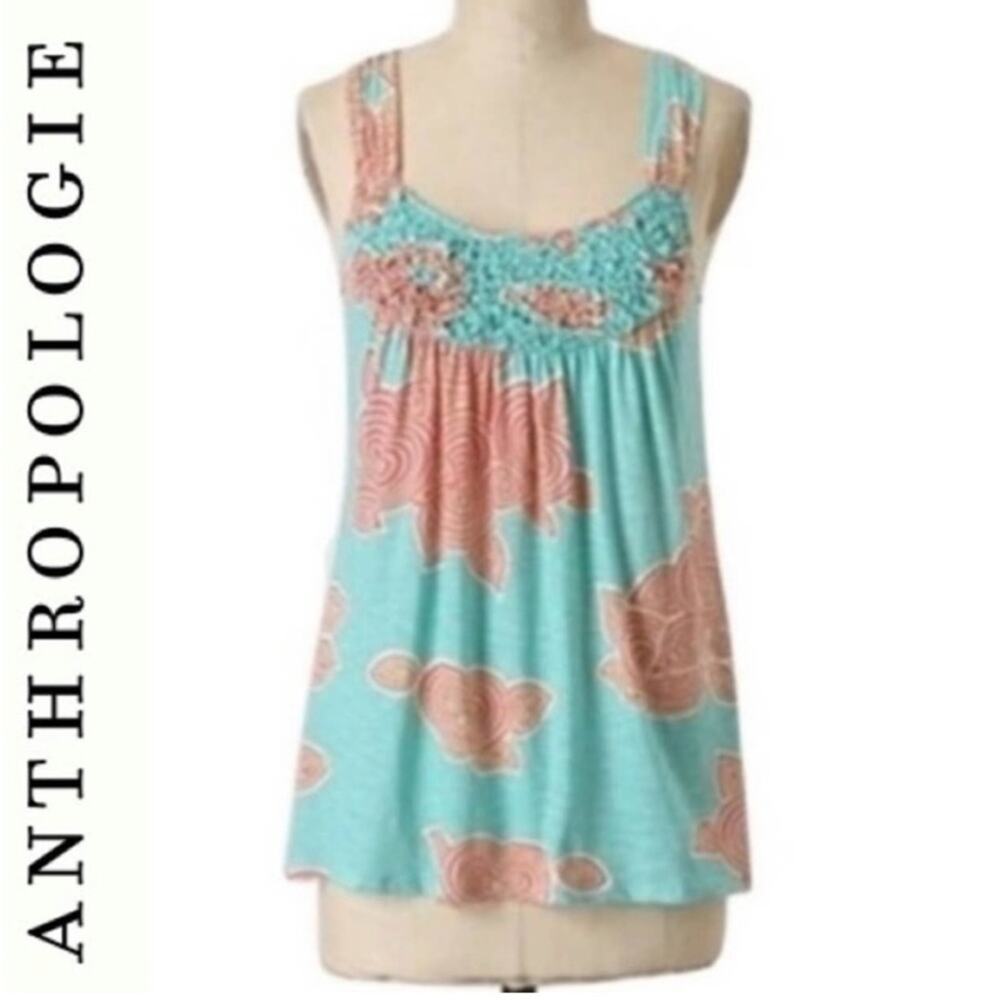 Anthropologie C Keer Abstract Beaded Floral Aqua Blue/Coral Top